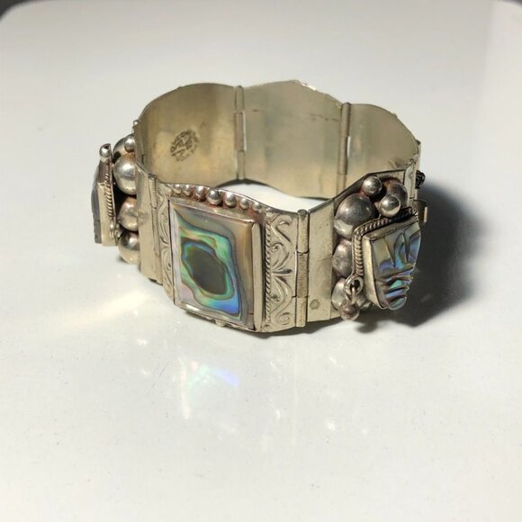 Vintage Sterling Silver Panel Bracelet Abalone Aztec Taxco Mexico Eagle Head - Picture 3 of 15